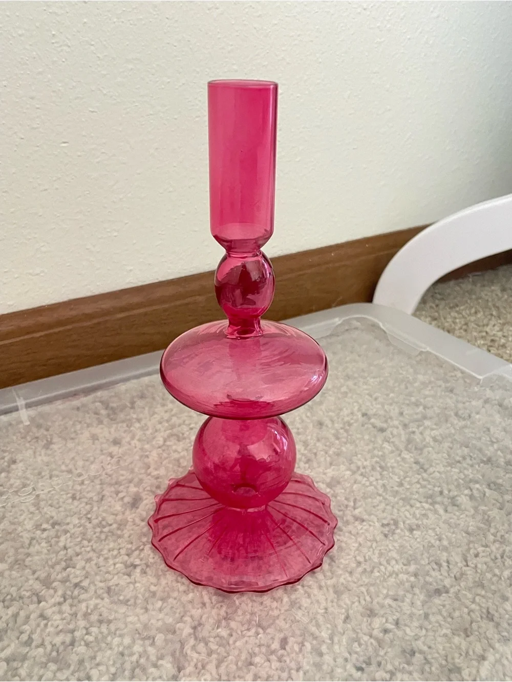 Hot Pink Clear Glass Tiered Retro Sculptural Candlestick Candle Holder